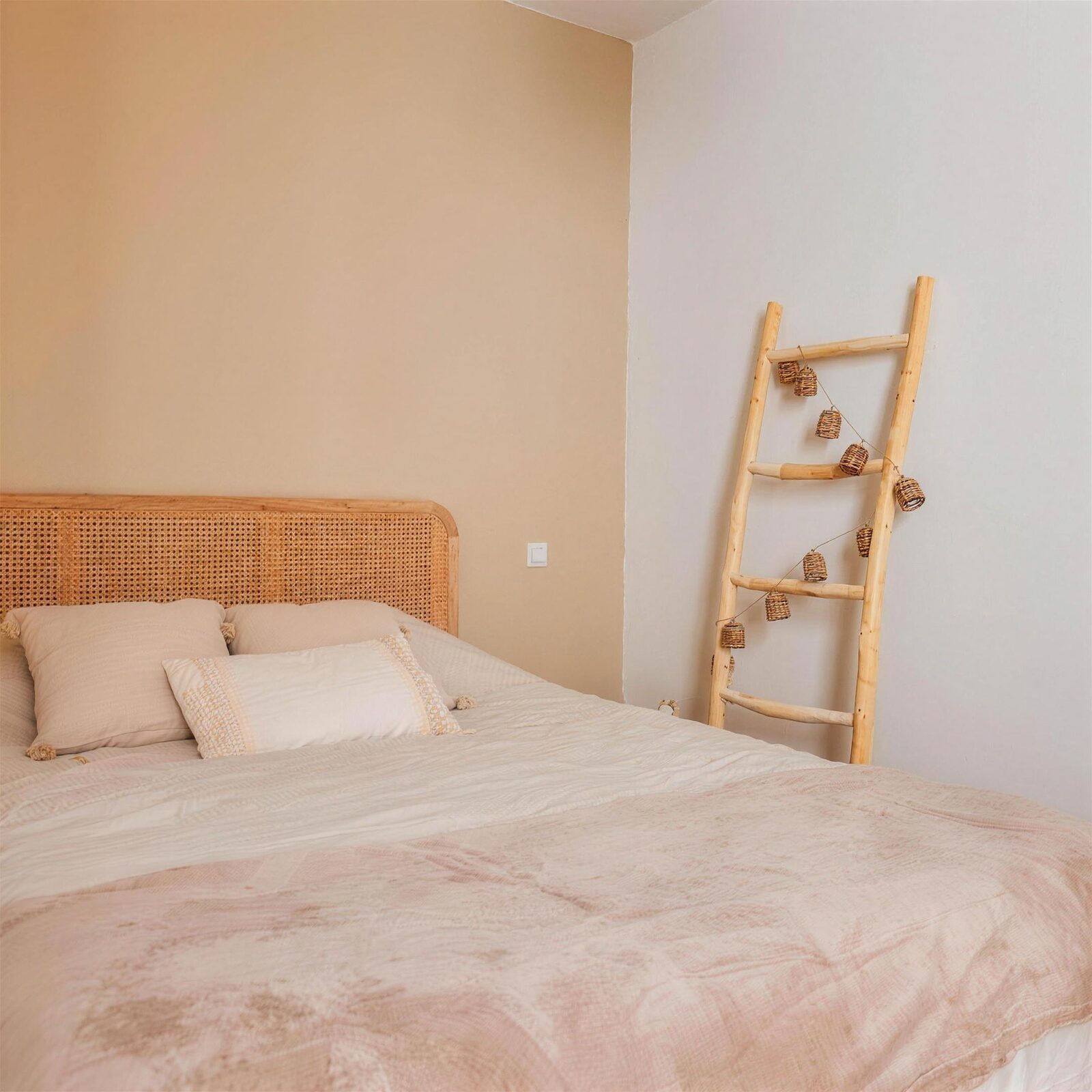 La chambre : grand lit double, tête de lit en cannage et échelle en bois
